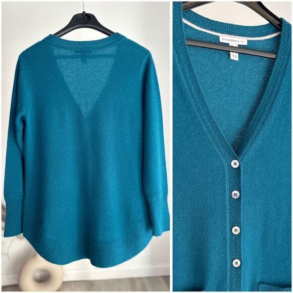 Isaac Mizrahi Live! 100% Cashmere Button-Front Cardigan w/ Pockets Teal Small - Picture 3 of 5